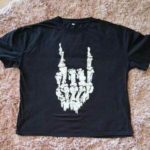Black Graphic Tee with White Dripping Skull Hand Design